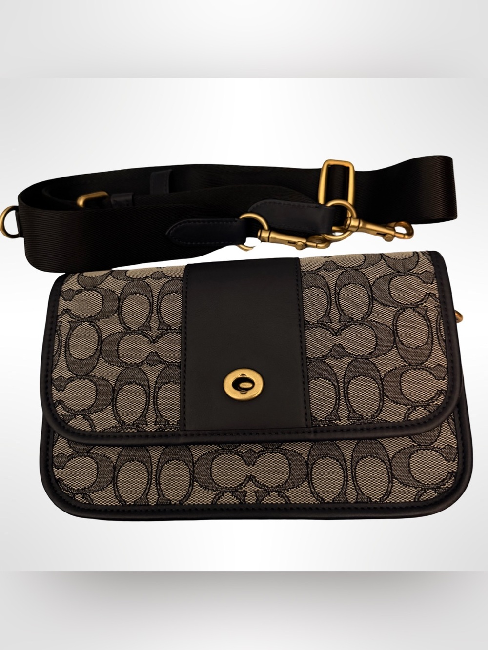 Coach Dinky Khaki Signature Canvas Crossbody with Black Trim